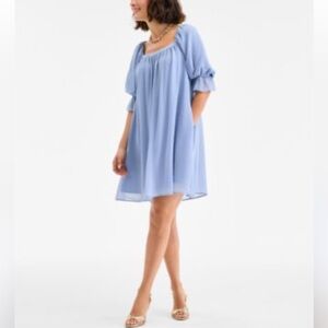 NEW ON 34th Blue Puff Sleeve Square Neck Knee Length Chiffon Dress Cottage Sz S